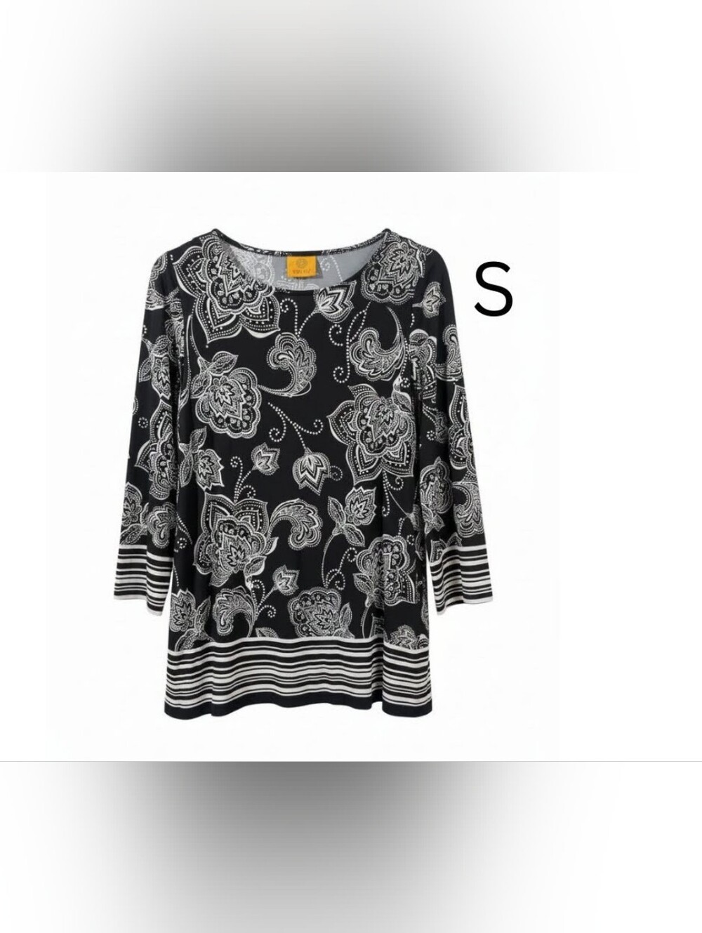 Ruby Rd. Black & White Paisley Striped Hem Long Sleeve Top